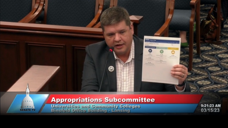 Ryan Fewins-Bliss, MCAN executive director, providing testimony at the March 15 meeting of the Michigan Senate Appropriations Subcommittee on Universities and Community Colleges.