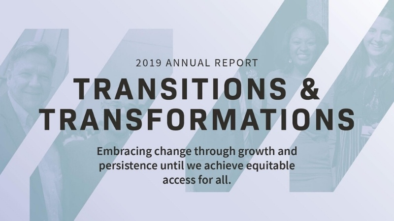 Floating MCAN logos in background with black text in front. Title: "2019 Annual Report, Transitions & Transformations"; subtext: "Embracing change through growth and persistence until we achieve equitable access for all."