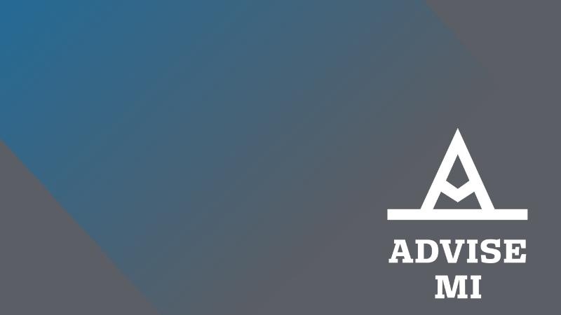 AdviseMI logo in white, in bottom right corner, over grey and blue gradient background