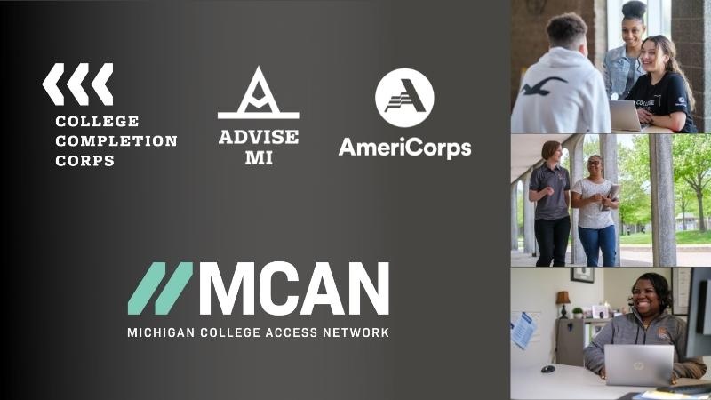 College Completion Corps, Advise MI, Americorps, and MCAN logos