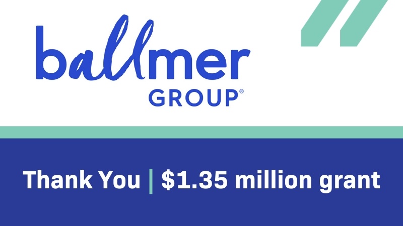 Balmer Group logo in royal blue and MCAN logo in teal over a white background with royal blue thank you banner at the bottom; text in white: "Thank You $1.35 million grant"