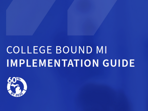 Title in white: "College Bound MI Implementation Guide" on a royal blue background