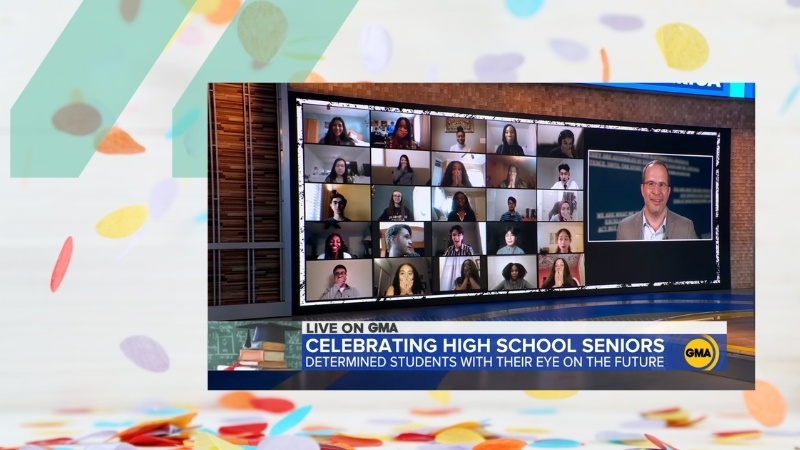 High school seniors on video chat session, over a celebratory, confetti background