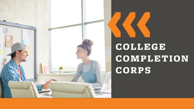 Image of student and advisor sitting in and office to the left with College Completion Corps logo to the right over a grey background