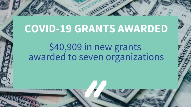 Title in white: "COVID-19 Grants Awarded"; subtext in royal blue: "$40,909 in new grants awarded to seven organizations"