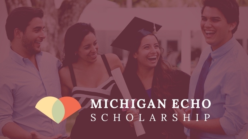 Michigan ECHO Scholarship word mark over photo of graduate with her family