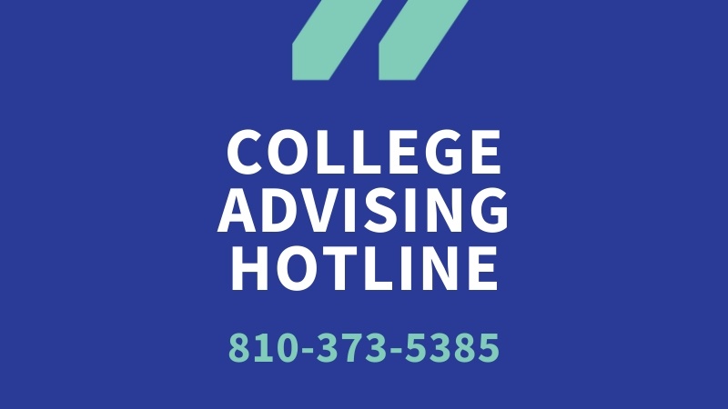 Royal blue background with teal MCAN logo at top; Title in white: "College Advising Hotline"; subtext in teal: "810-373-5385"