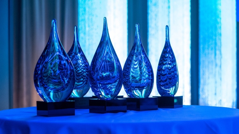 Five royal blue Impact Award trophies sitting on table with blue tablecloth