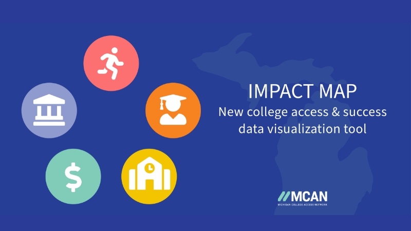 Royal blue background; five, multicolored icons in a circle to the left; title in white, to the right: "IMPACT MAP"; subtext in white: "New college access & success data visualization tool"