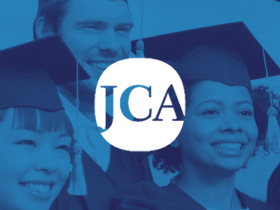 Journal of College Access logo, in white, over background image of smiling graduates, with blue overlay