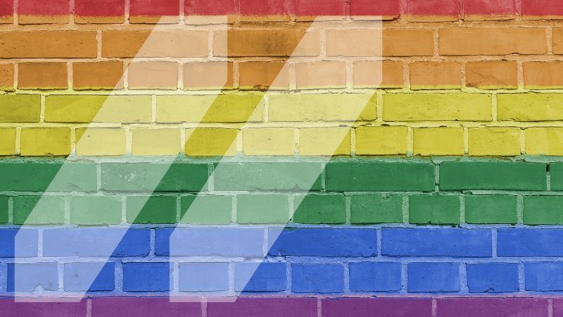 Image of a brick wall painted with a rainbow pattern and the MCAN logo