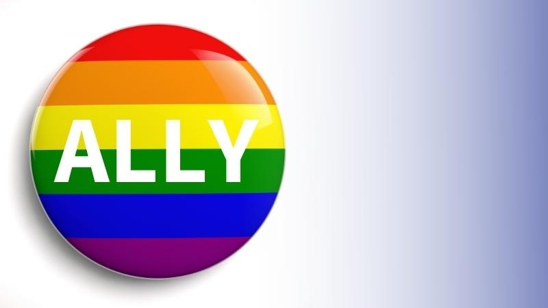 A pin-on button with a rainbow pattern and the word Ally across it