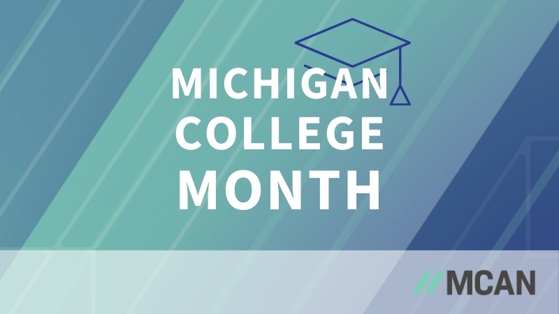"Michigan College Month in white text over teal and blue gradient background