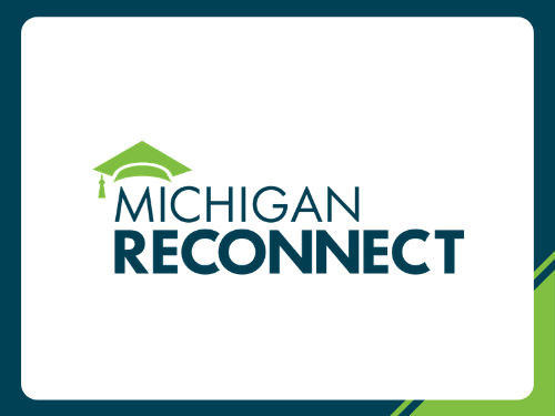 Michigan Reconnect logo over a white background with a green frame