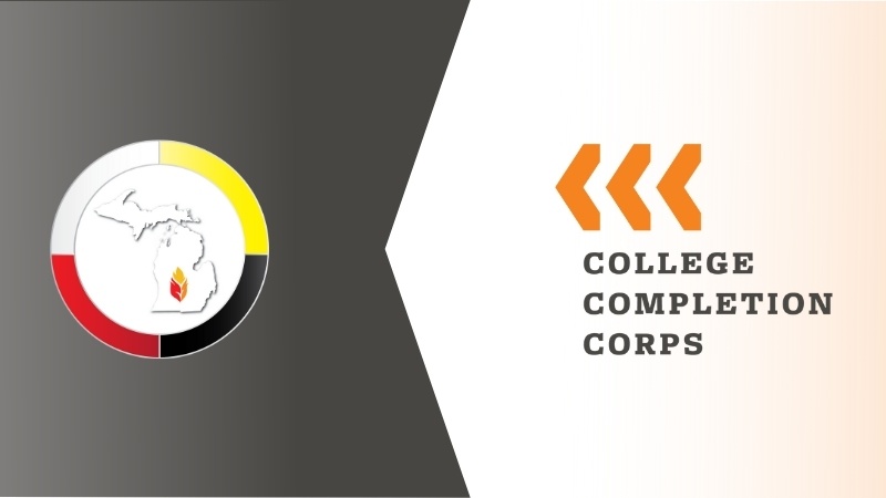Native American Heritage Fund Logo over black gradient background next to College Completion Corps logo over white background to the right