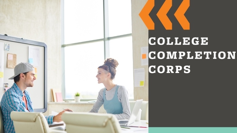 Image of student and advisor sitting in office with College Completion Corps logo to the right over a grey background