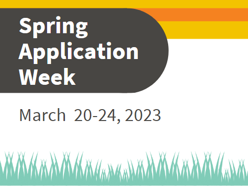 Title in white over grey shape: "Spring Application Week"; white background with orange stripes across top and green grass motif along bottom