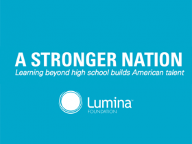 Title in white: "A Stronger Nation"; subtext in white: "Learning beyond high school builds American Talent"; Lumina Foundation logo in white underneath; aqua blue background