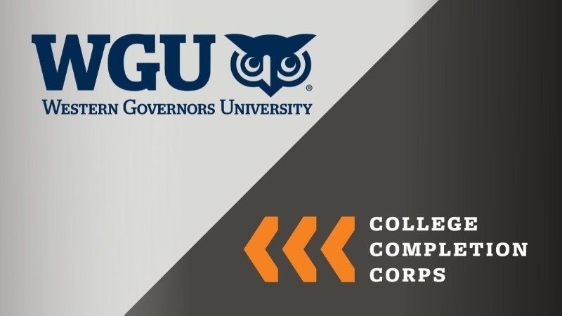 Western Governor's University and College Completion Corps logos over a black and white background