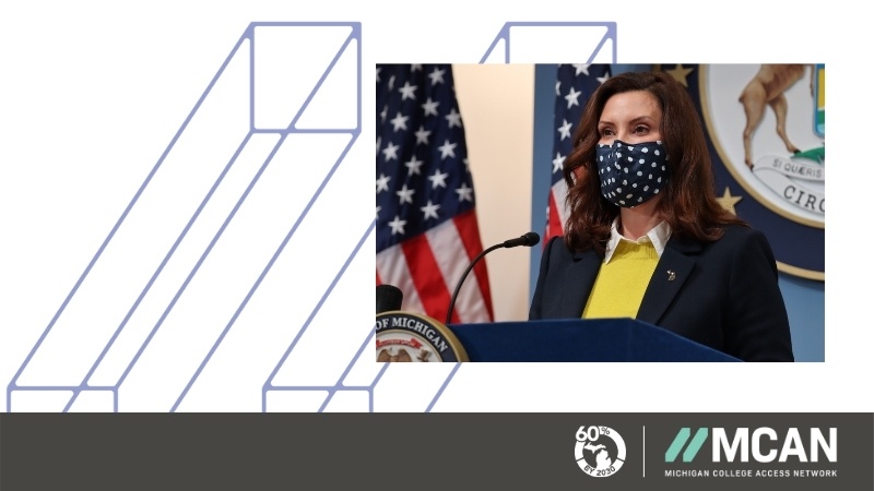 Governor Gretchen Whitmer wearing mask and speaking at podium, over a white background containing MCAN logo