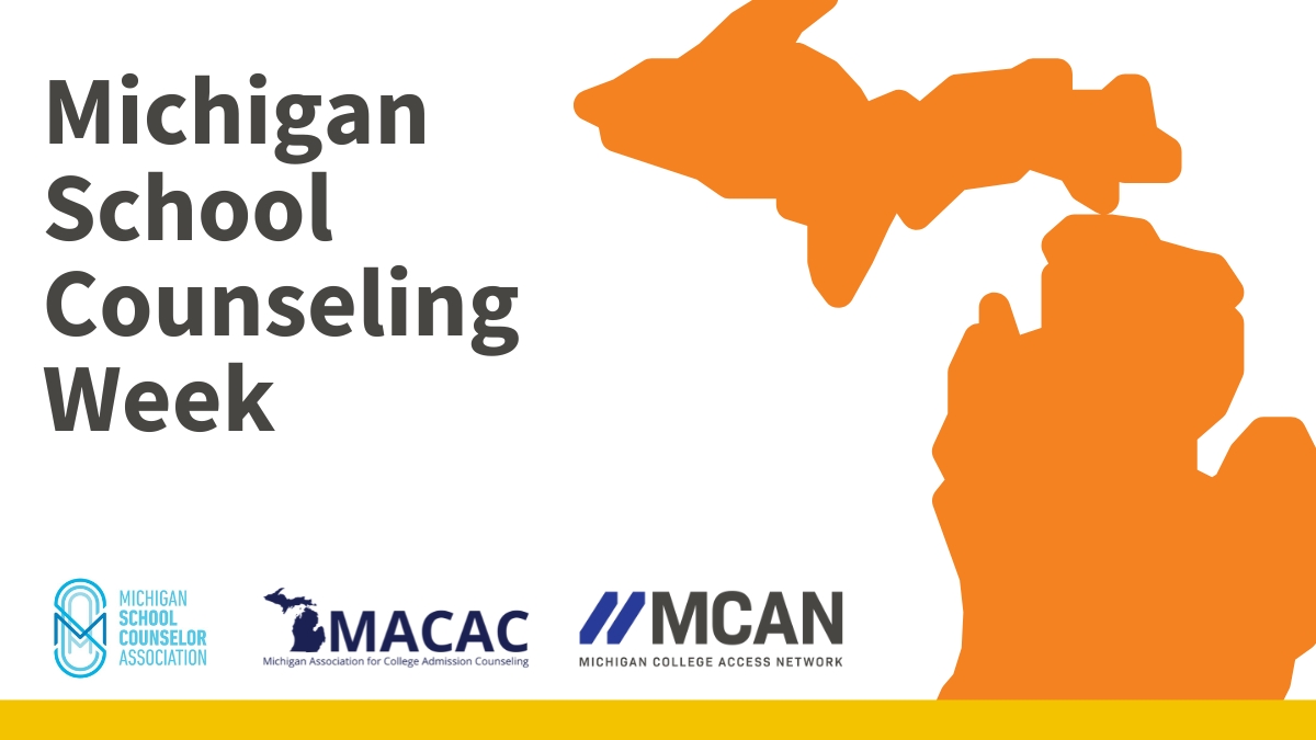 Michigan School Counseling Week header with a graphic of the state of Michigan and logos of participating organizations.