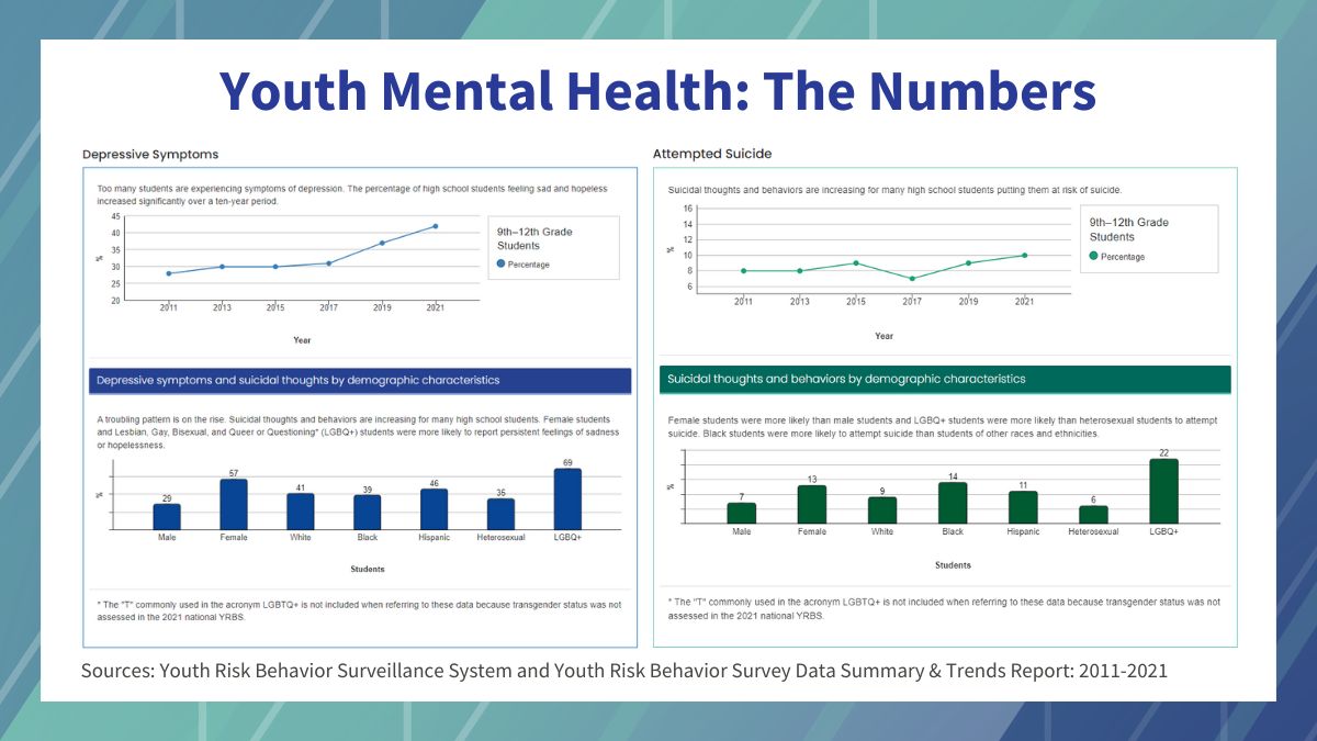 Image Description: The image is an infographic titled "Youth Mental Health: The Numbers" and contains multiple graphs and explanatory texts. It is divided into two main sections: "Depressive Symptoms" on the left and "Attempted Suicide" on the right.  Depressive Symptoms: Section: Top Graph (Line Graph)  Title: "Depressive Symptoms" Description: It depicts the percentage of high school students feeling sad and hopeless over a ten-year period from 2011 to 2021. There is a rising trend shown by a blue line, indicating an increase in depressive symptoms among 9th-12th grade students, peaking around 2021. X-axis: Labeled "Year" with tick marks for the years 2011, 2013, 2015, 2017, 2019, and 2021. Y-axis: Labeled with percentages ranging from 0 to 45%. Bottom Graph (Bar Graph)  Title: "Depressive symptoms and suicidal thoughts by demographic characteristics" Description: Illustrates depressive symptoms and suicidal thoughts by various demographics. The bar graph shows percentages of depressive symptoms among different student demographics. X-axis: Categories include Male, Female, White, Black, Hispanic, Heterosexual, and LGBQ+. Y-axis: Percentages are marked in increments of 10, ranging from 0 to 70%. Attempted Suicide Section: Top Graph (Line Graph)  Title: "Attempted Suicide" Description: The graph shows the percentages of high school students who have attempted suicide from 2011 to 2021. A green line depicts fluctuations over the years, with a slight increase visible in 2021. X-axis: Labeled "Year", with tick marks for 2011, 2013, 2015, 2017, 2019, and 2021. Y-axis: Labeled with percentages from 0 to 16%. Bottom Graph (Bar Graph)  Title: "Suicidal thoughts and behaviors by demographic characteristics" Description: This section displays the percentage of students who attempted suicide across different demographics. The bar graph uses varying heights to denote these percentages. X-axis: Categories include Male, Female, White, Black, Hispanic, Heterosexual, and LGBQ+. Y-axis: Percentages marked in increments of 5, ranging from 0 to 25%. Footnotes: Asterisks (*) denote a note about the use of the term "LGBQ+" which excludes transgender statistics due to lack of data in 2021. Source is listed as: "Youth Risk Behavior Surveillance System and Youth Risk Behavior Survey Data Summary & Trends Report: 2011-2021."